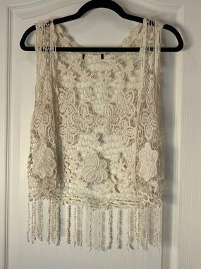 Boho Crochet Lace Vest Cream‎ Fringe Cottagecore Festival Layering Piece XS S
